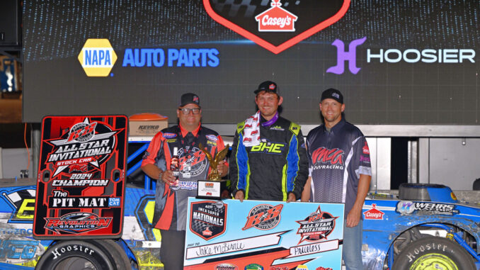 Jake McBirnie added another trophy to his collection from the 2024 IMCA Speedway Motors Super Nationals fueled by Casey’s, winning Thursday’s B & B Racing Chassis All-Star Invitational. He’s pictured with Paul Burger of B & B and IMCA President Brett Root. (Photo by Tom Macht, www.photofinishphotos.com)